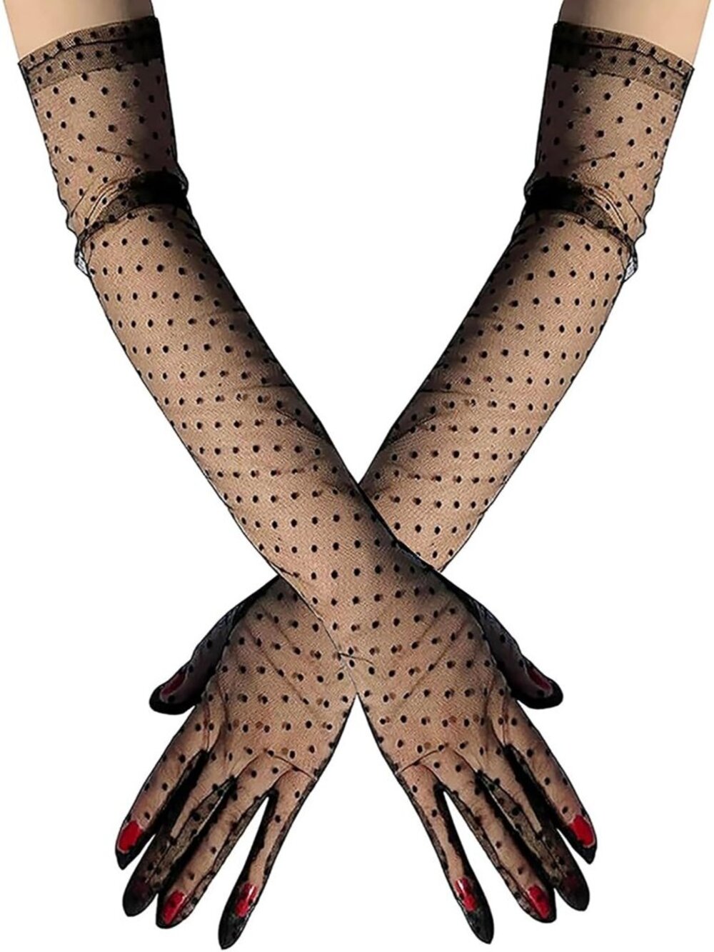 Women's Polka Dot Black Satin Opera Length Elbow Long Evening Party Gloves